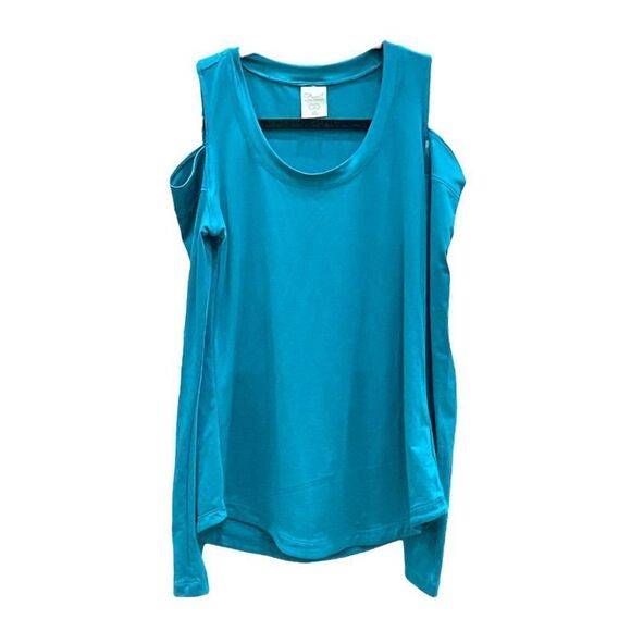 CALIA BY CARRIE UNDERWOOD Women's Top Athletic Sweat Wicking Cold Shoulder Teal - Picture 2 of 3